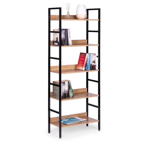 Loft stílusú 5 polcos könyvespolc, fém váz MDF polcok, 160 cm