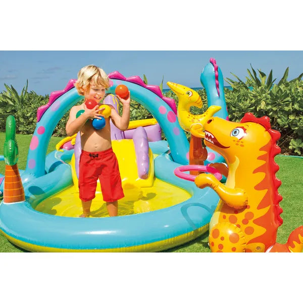 Intex Dinoland felfújható gyerek játszótér csúszdával, szökőkúttal 333×229 cm