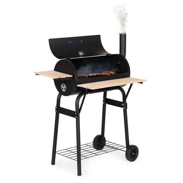 Nagyméretű kerti grill hőmérővel, kéménnyel, 3 polccal és kerekekkel