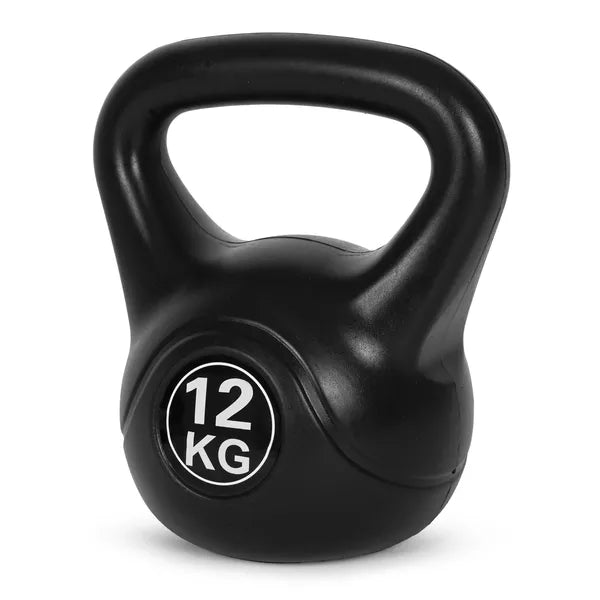Kettlebell 12 kg, műanyag burkolat, ergonomikus markolat, lapos talppal