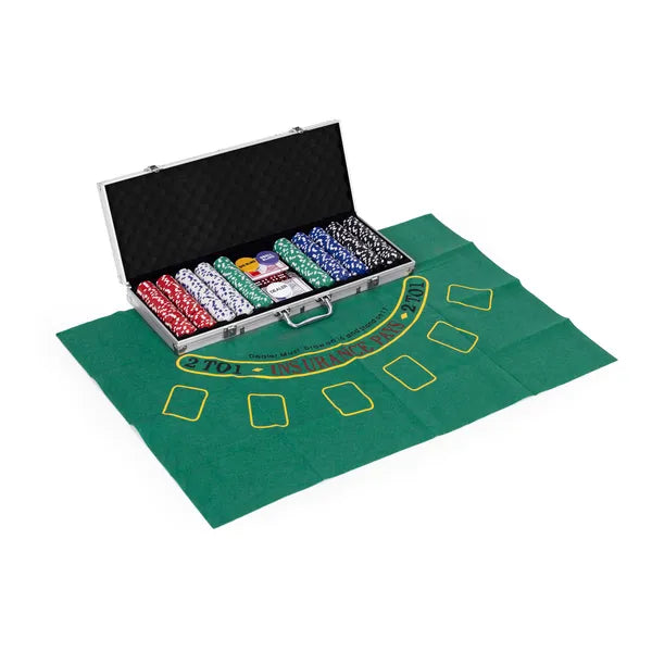 Póker és blackjack készlet, 500 zseton, szőnyeg, dobókocka, zárható koffer