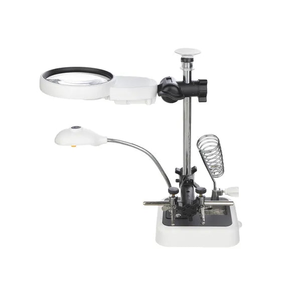 Harmadik kéz forrasztóállvány nagyítóval, 6 LED, USB/elemes, 3.5–11.5×