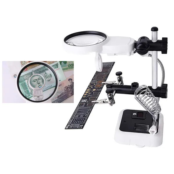 Harmadik kéz forrasztóállvány nagyítóval, 6 LED, USB/elemes, 3.5–11.5×