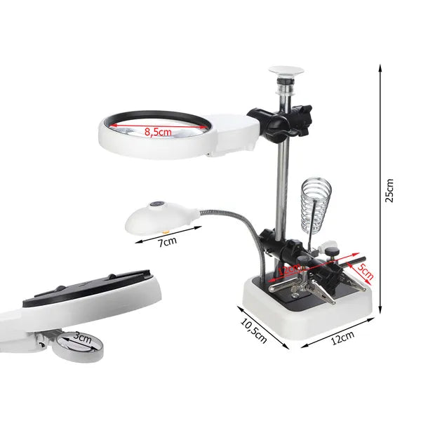 Harmadik kéz forrasztóállvány nagyítóval, 6 LED, USB/elemes, 3.5–11.5×
