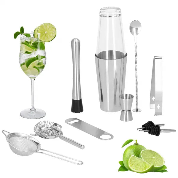 11 részes rozsdamentes acél boston shaker készlet, 700 ml, ezüst