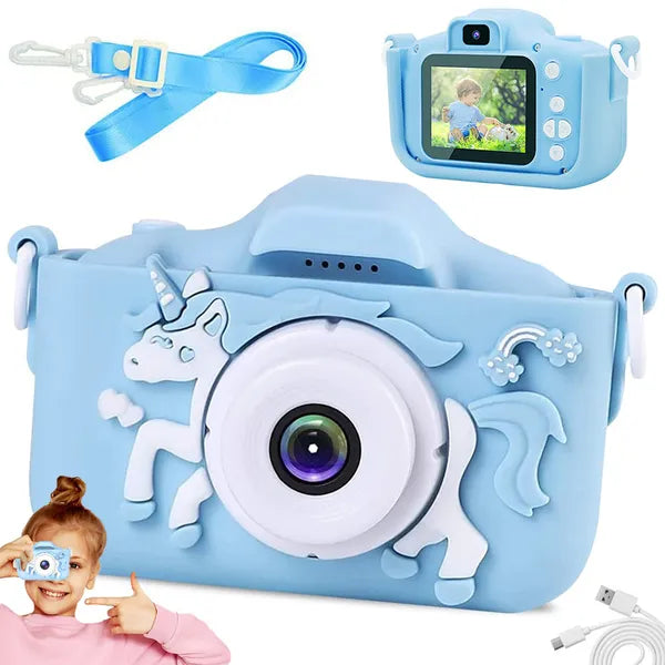Digitális gyerek fényképező, unicornis kék, FHD videó, 2” kijelző, játékok
