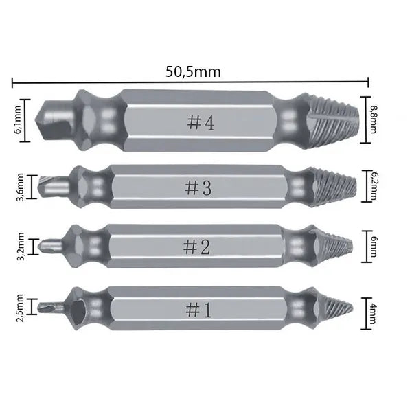 Törött csavar kihajtó készlet 4 db, 2–12 mm, HSS, 1/4″ hex