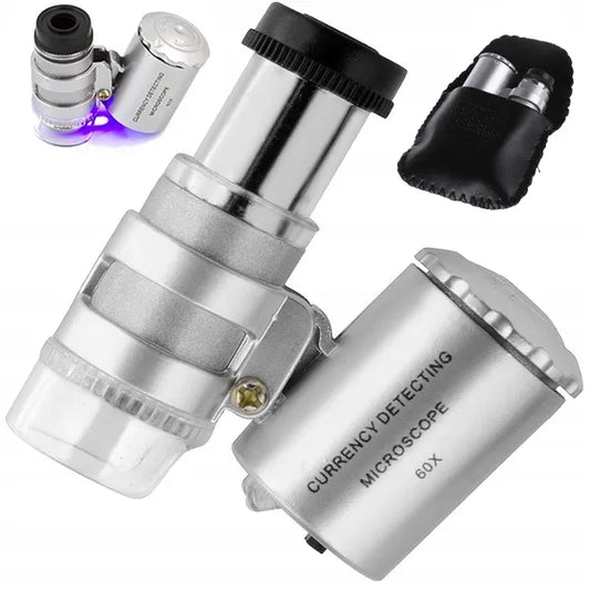 Hordozható 60× zsebmikroszkóp ékszerész nagyító LED+UV fénnyel, tok, LR1130