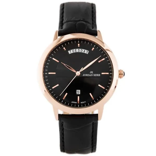 Férfi kvarc karóra 40 mm rózsaarany tokkal, fekete bőrszíj és dátum