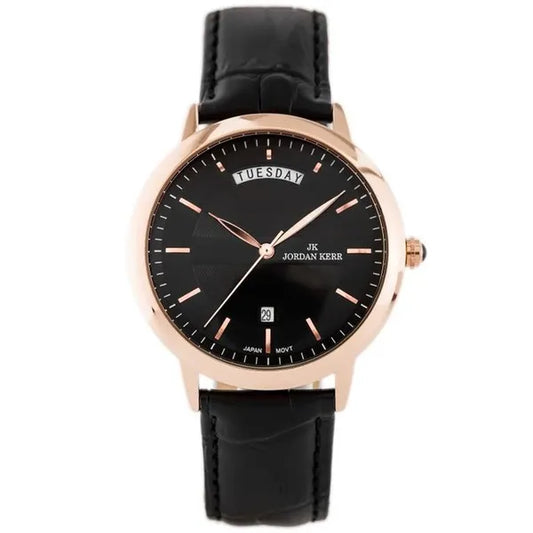 Férfi kvarc karóra 40 mm rózsaarany tokkal, fekete bőrszíj és dátum