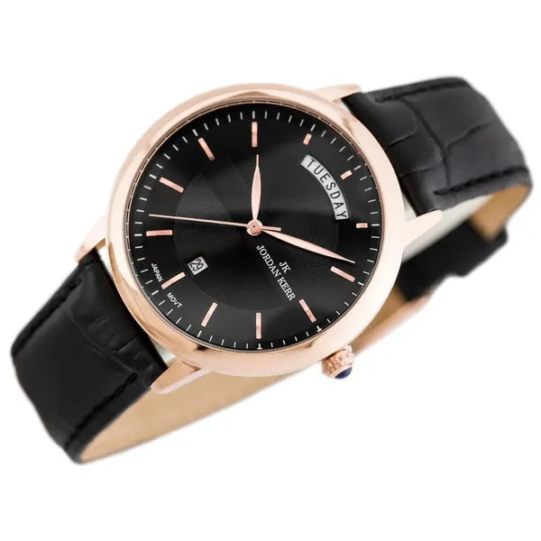 Férfi kvarc karóra 40 mm rózsaarany tokkal, fekete bőrszíj és dátum