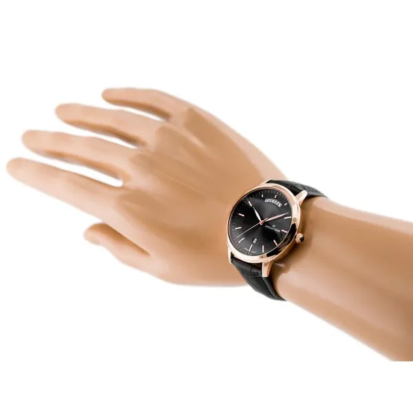 Férfi kvarc karóra 40 mm rózsaarany tokkal, fekete bőrszíj és dátum