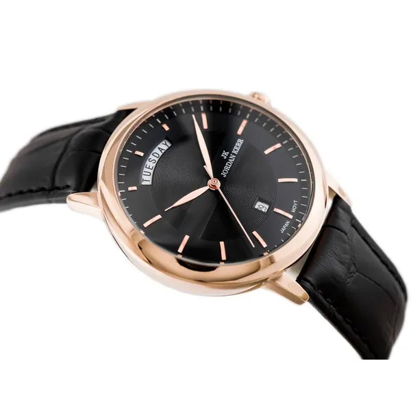 Férfi kvarc karóra 40 mm rózsaarany tokkal, fekete bőrszíj és dátum