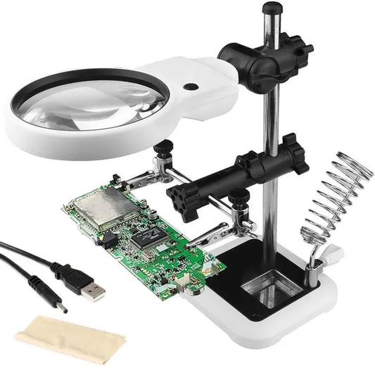 Harmadik kéz forrasztóállomás nagyítóval, 3 LED, 3,5x/5,25x, USB