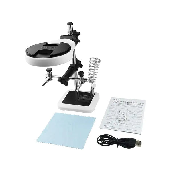 Harmadik kéz forrasztóállomás nagyítóval, 3 LED, 3,5x/5,25x, USB