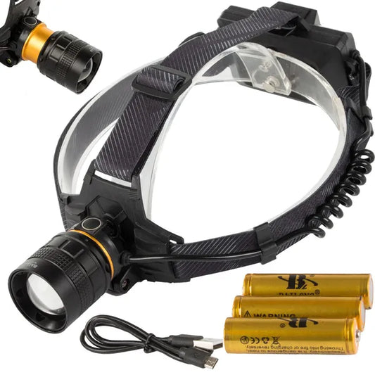 LED fejlámpa XHP160 zoom, powerbank, 1000 m hatótáv, IPX5