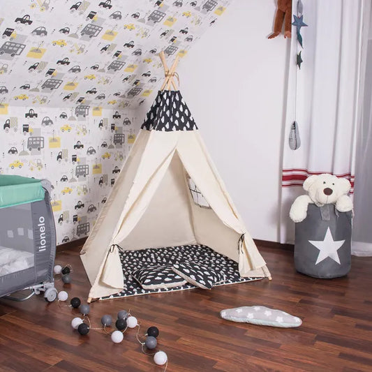 Gyerek indián tipi sátor szett, fekete felhős, 100% pamut, 120×100 cm