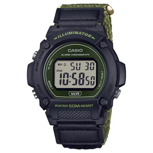 Casio W-219HB-3A férfi digitális karóra, WR50, LED, zöld