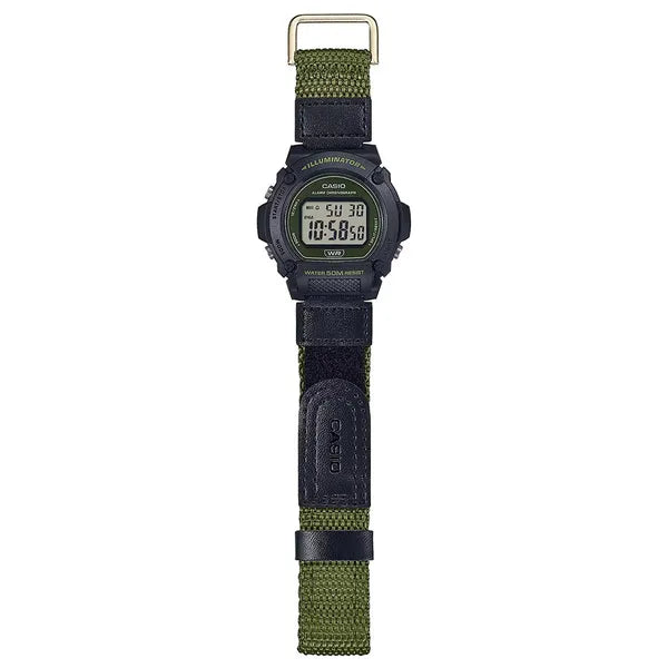 Casio W-219HB-3A férfi digitális karóra, WR50, LED, zöld