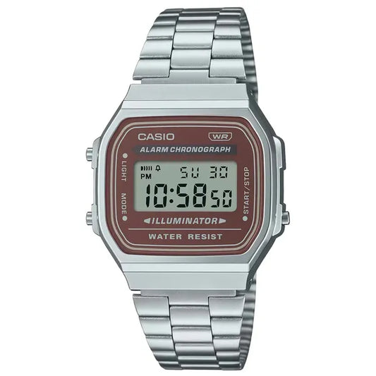 Casio A168WA-5A uniszex vintage karóra, ezüst acél szíj, barna LCD, WR30