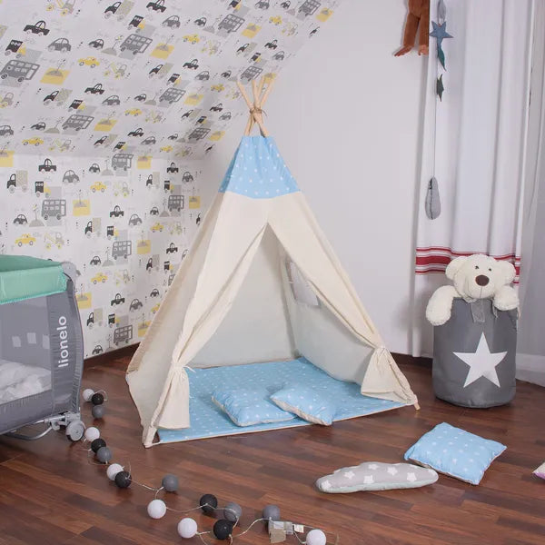 Gyerek tipi sátor szett – kék csillagos, 100% pamut, 120×100×180 cm