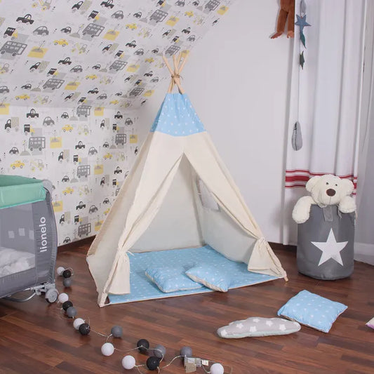 Gyerek tipi sátor szett – kék csillagos, 100% pamut, 120×100×180 cm