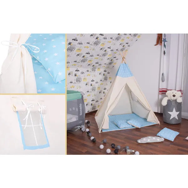 Gyerek tipi sátor szett – kék csillagos, 100% pamut, 120×100×180 cm