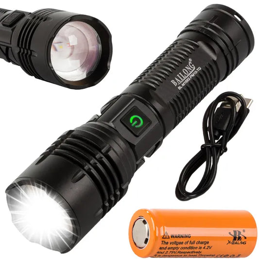Taktikai LED zseblámpa 600 m, CREE PM10-TG, zoom, USB-C powerbank