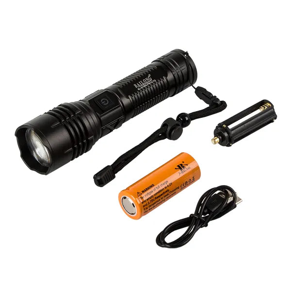 Taktikai LED zseblámpa 600 m, CREE PM10-TG, zoom, USB-C powerbank