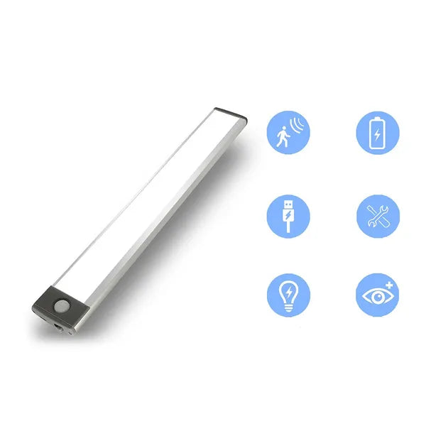 USB mozgás- és fényérzékelős, mágneses LED szekrénylámpa, 23 cm, újratölthető