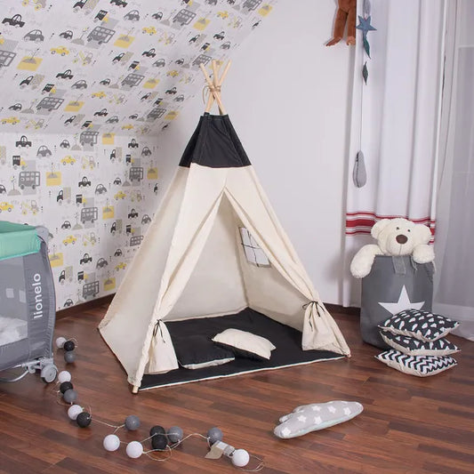 Gyerek pamut indián tipi sátor fekete, játszószőnyeggel, párnákkal
