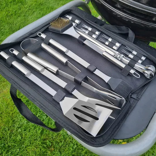 20 részes rozsdamentes acél grill eszközkészlet hordtáskával, ezüst