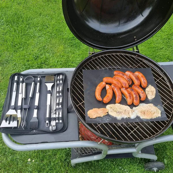 20 részes rozsdamentes acél grill eszközkészlet hordtáskával, ezüst