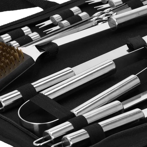 20 részes rozsdamentes acél grill eszközkészlet hordtáskával, ezüst