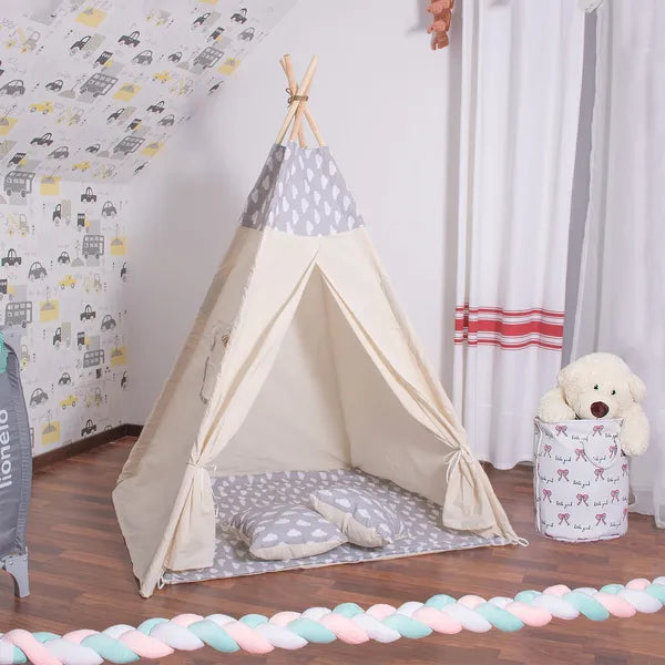 Gyerek tipi sátor szürke felhő mintával, 120×100 cm, 180 cm rudak