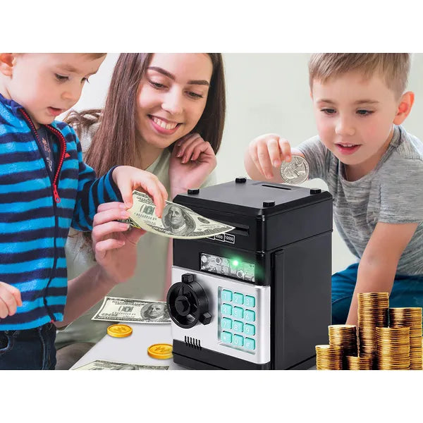 Elektronikus gyerek persely széf, PIN kóddal, bankjegy-beszívással, fekete