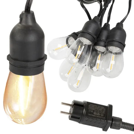 LED fényfüzér, 10 m, 10×E27 izzó, meleg fehér, IP44, kültéri