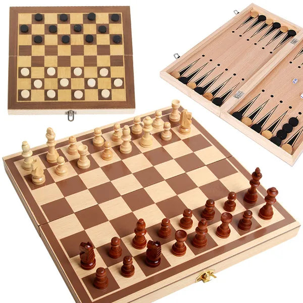 3 az 1-ben nagy fa társasjáték készlet: sakk, dáma, triktrak, 29,5×29,5 cm