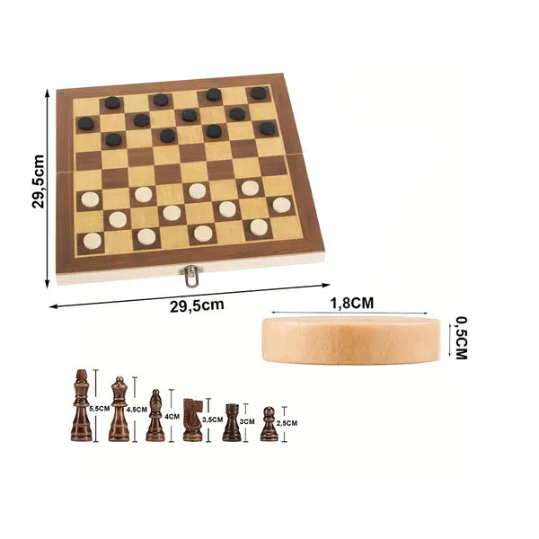 3 az 1-ben nagy fa társasjáték készlet: sakk, dáma, triktrak, 29,5×29,5 cm