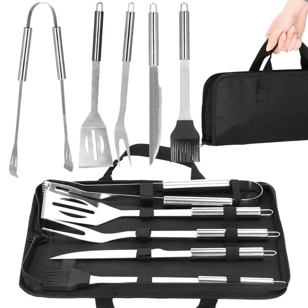 5 részes rozsdamentes acél grill eszközkészlet tokban