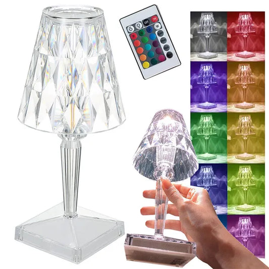 RGB LED kristály asztali lámpa, akkumulátoros, távirányító, USB-C