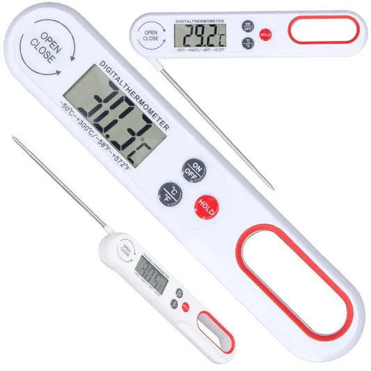 Fehér összecsukható LCD konyhai húshőmérő, -50–300°C, rozsdamentes szonda