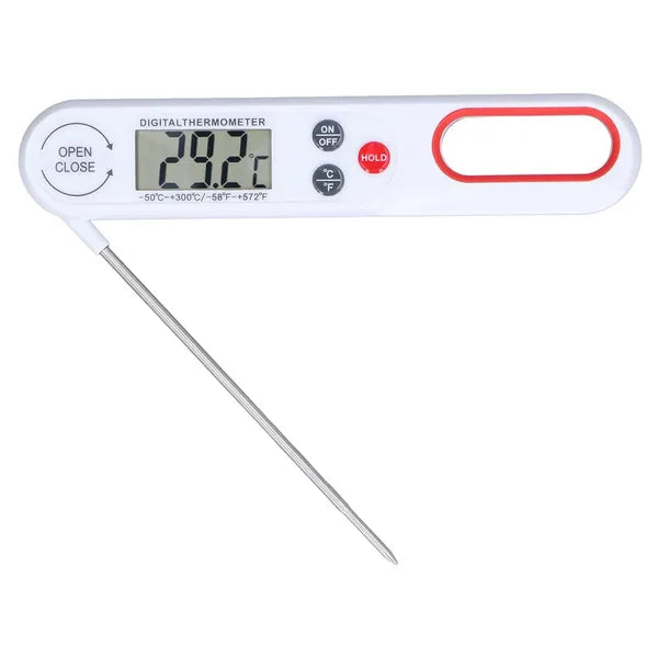 Fehér összecsukható LCD konyhai húshőmérő, -50–300°C, rozsdamentes szonda