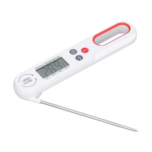 Fehér összecsukható LCD konyhai húshőmérő, -50–300°C, rozsdamentes szonda