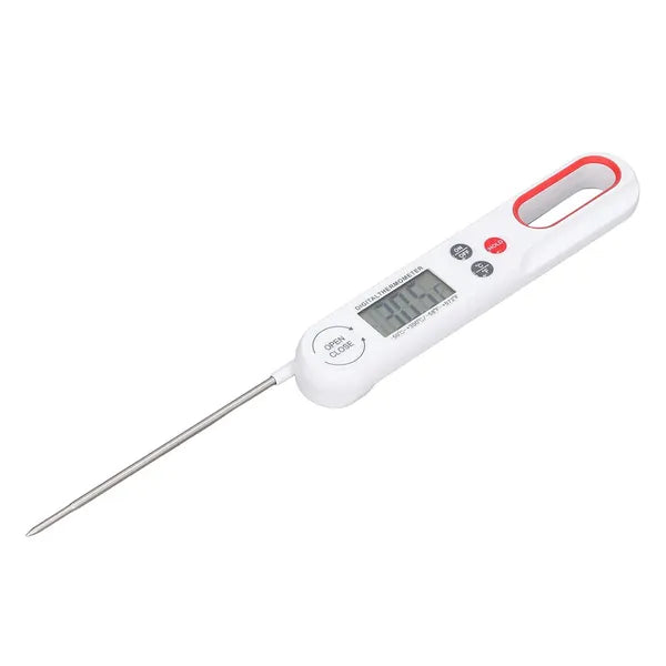 Fehér összecsukható LCD konyhai húshőmérő, -50–300°C, rozsdamentes szonda
