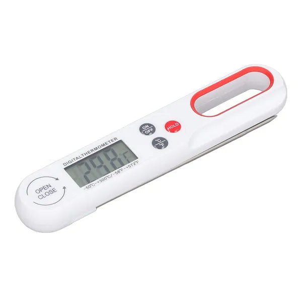 Fehér összecsukható LCD konyhai húshőmérő, -50–300°C, rozsdamentes szonda