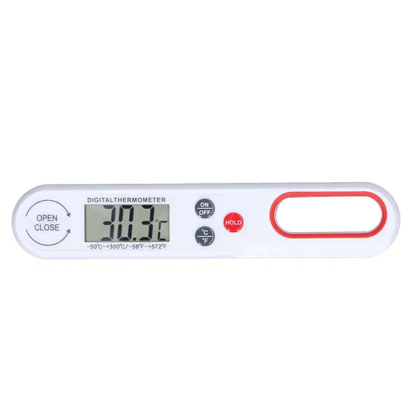 Fehér összecsukható LCD konyhai húshőmérő, -50–300°C, rozsdamentes szonda