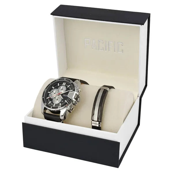 Férfi karóra és karkötő ajándékszett, Miyota, fekete/ezüst, 48 mm