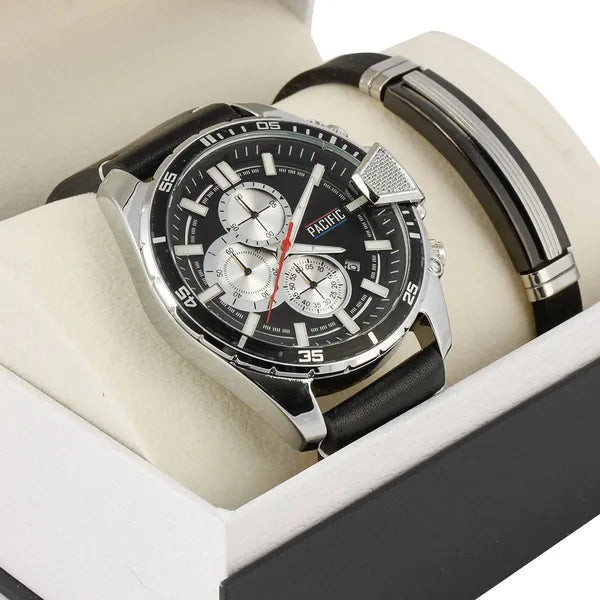 Férfi karóra és karkötő ajándékszett, Miyota, fekete/ezüst, 48 mm