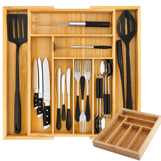 Bambusz evőeszközrendező fiókbetét, 8 rekeszes, állítható (30–43 cm)